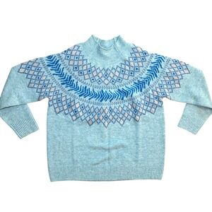 NWT Coldwater Creek Blue Fair Isle Wool Blend Knit Sweater Womens Size Large